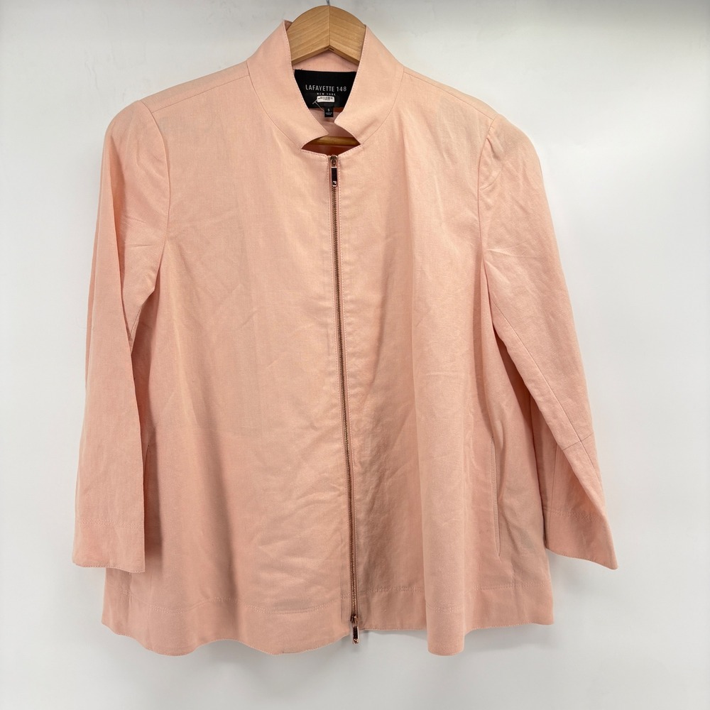 Lafayette 148 New York Peach Cotton Linen Zip Up Mandarin Jacket Womens Small